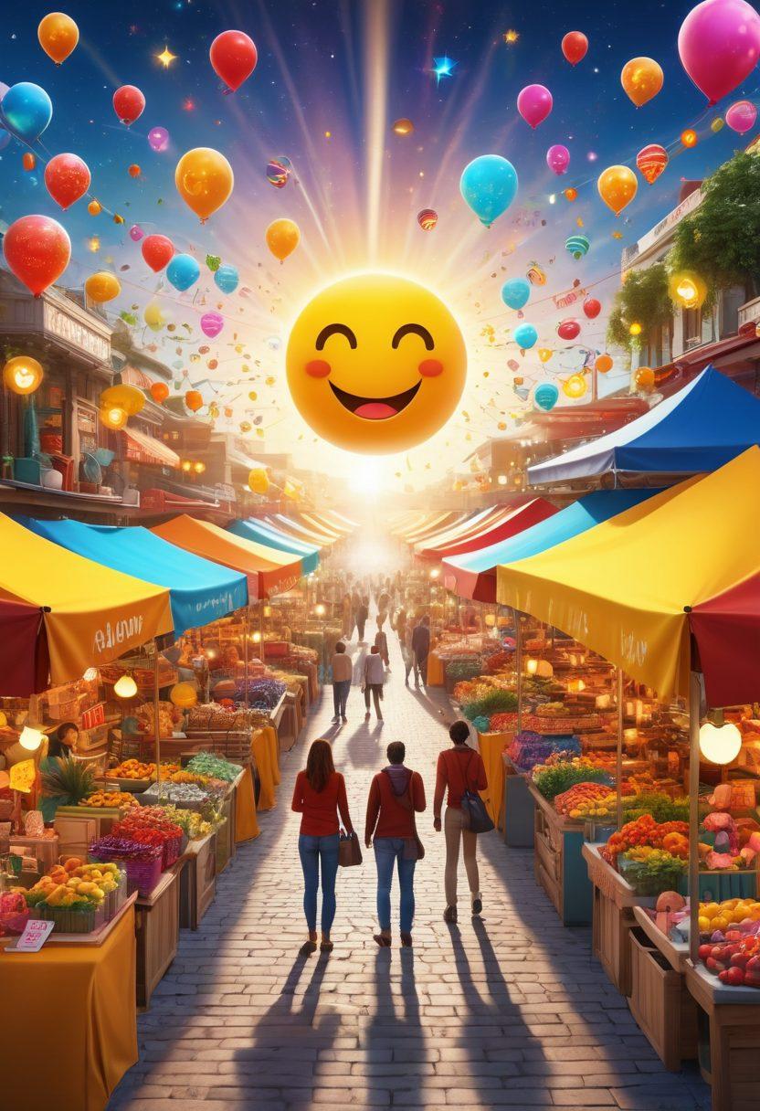 A radiant sun shining brightly over a vibrant digital marketplace filled with cheerful people interacting and engaging with colorful online stalls. Include elements like joyful emojis, sparkling stars, and informative icons symbolizing knowledge and happiness. The atmosphere should exude positivity and connectivity, with a touch of whimsy and excitement. super-realistic. vibrant colors. 3D.