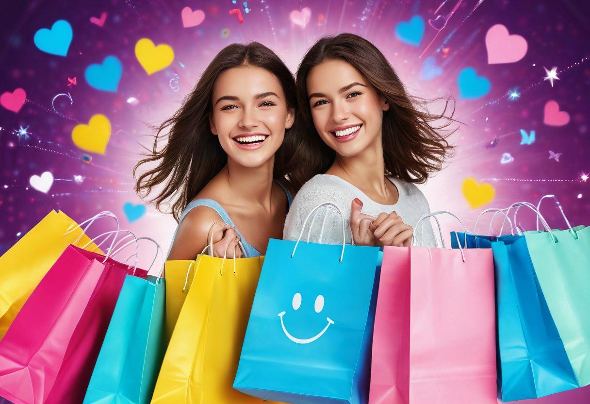 A joyful shopper with a glowing smile surrounded by colorful online shopping icons like bags, hearts, and smiley faces, showcasing a vibrant shopping environment with a sense of euphoria. Incorporate light trails and sparkles around the shopper to suggest happiness and delight during the shopping experience. The background should be bright and uplifting with pastel colors that create an inviting atmosphere. super-realistic. vibrant colors. white background.