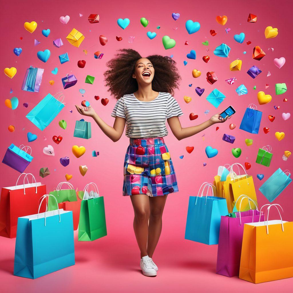 A joyful shopper surrounded by colorful online shopping icons, hovering virtual shopping bags, and floating heart emojis, representing elation and excitement. The background should feature a glowing computer screen displaying an array of appealing products. Bright colors and a whimsical feel enhance the joyful theme. vibrant colors. super-realistic.